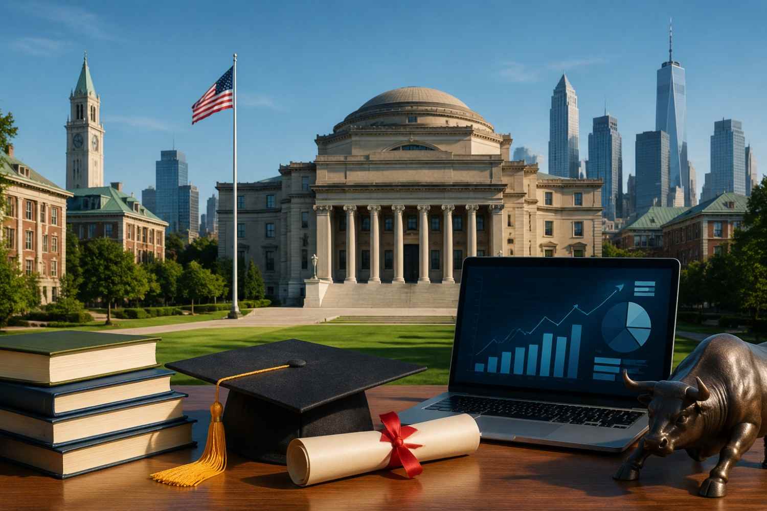 MBA finance colleges in USA with a university campus, graduation cap, diploma, laptop showing financial charts and finance symbols representing business education and career opportunities.